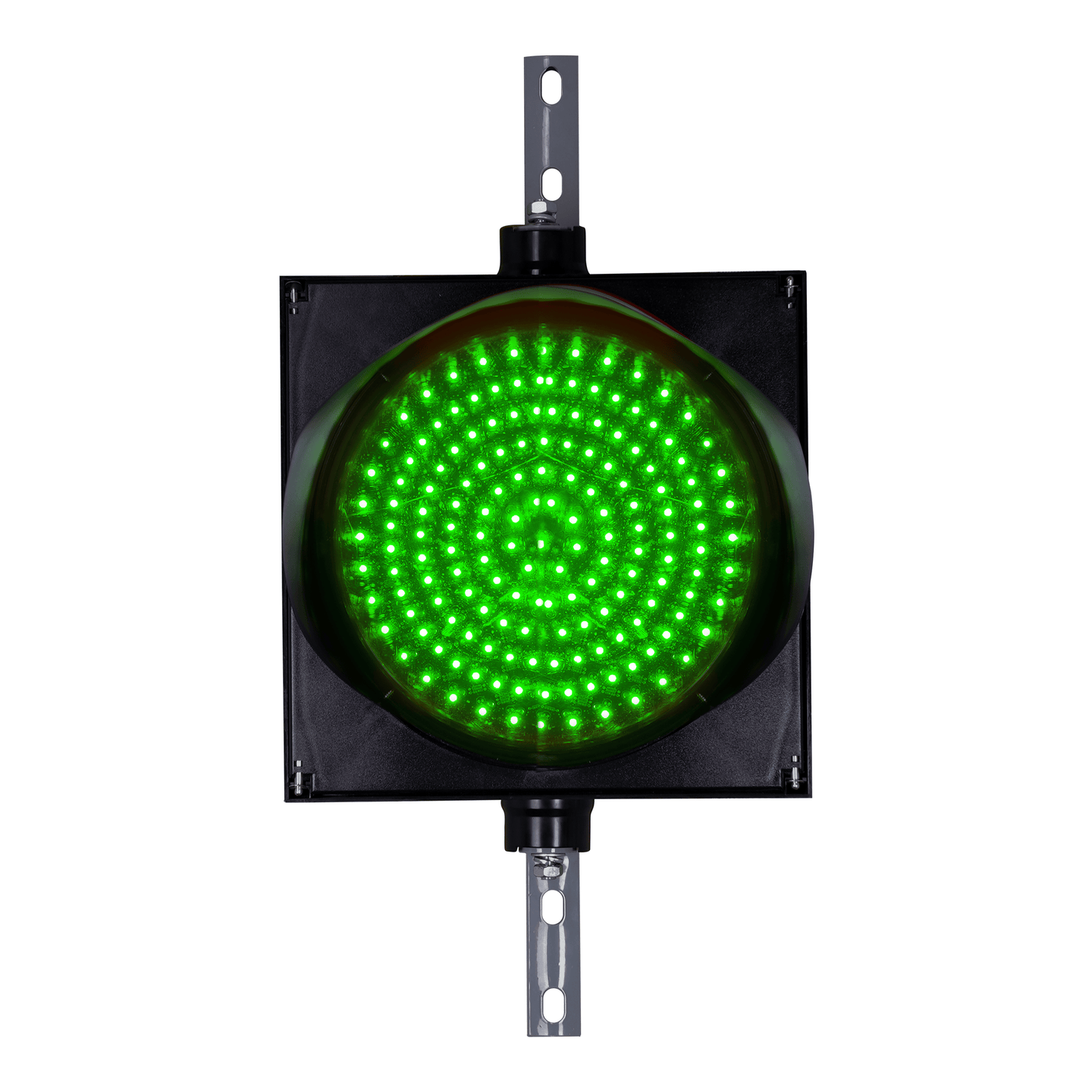 12 Inch green LED traffic light with steel mounting brackets.