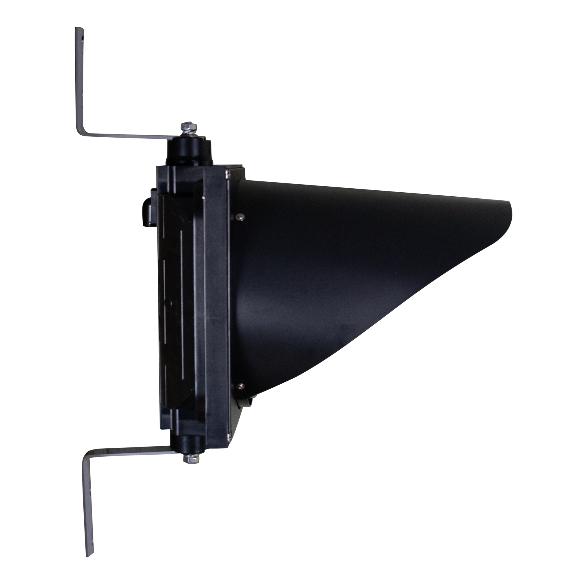 Black 12 inch single lens traffic light with steel mounting brackets.