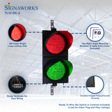 A graphic of a 12 in red and green traffic light featuring call outs to LED quality, mounting hardware, wiring terminals and polycarbonate housing.
