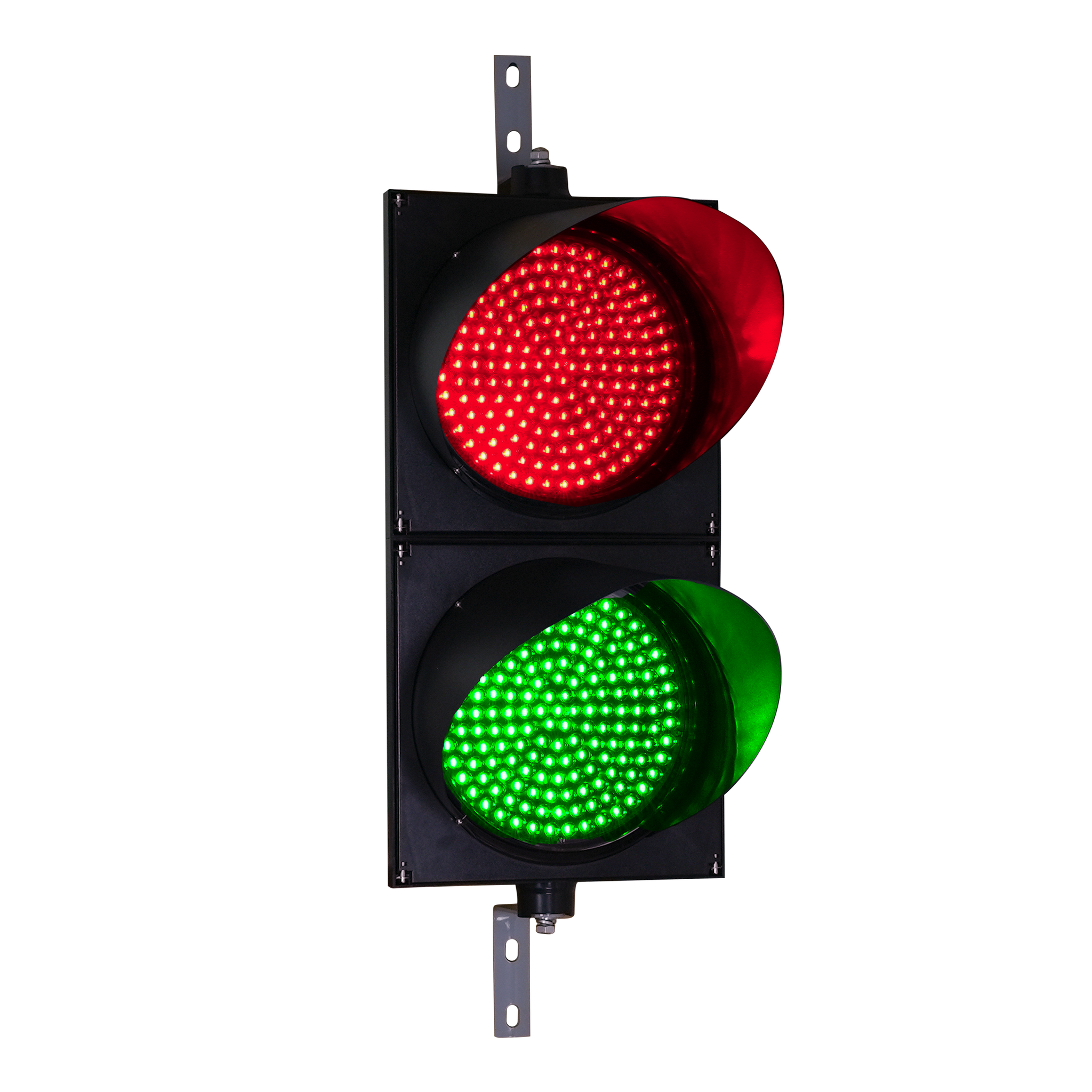 A 12 inch diameter LED traffic light with red and green lenses.