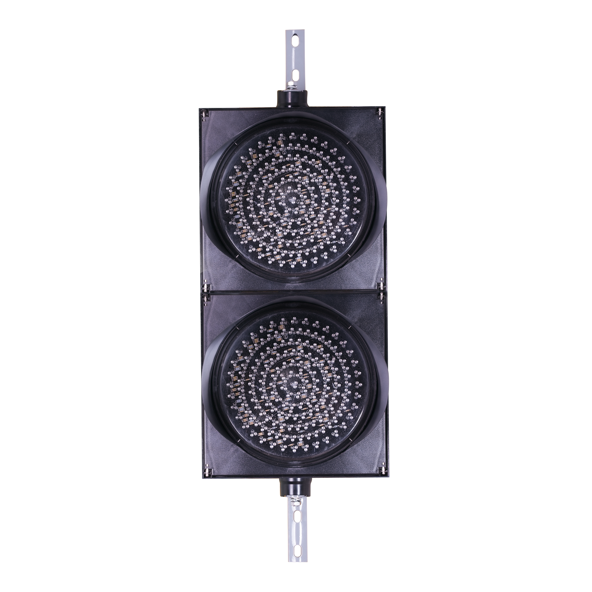 Dual 12 inch traffic light on a white background.