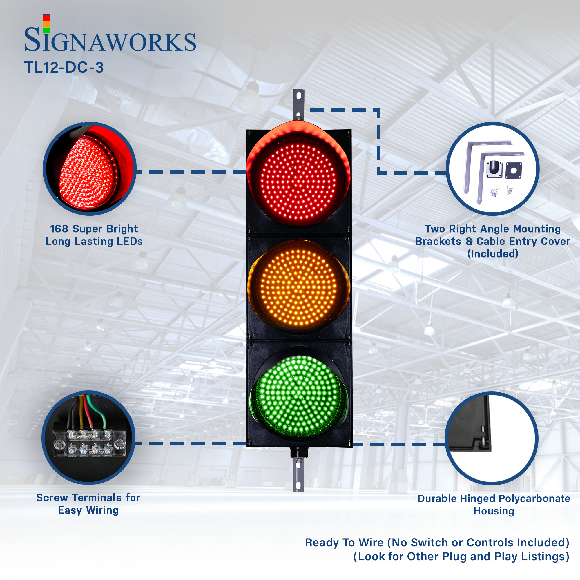 'Signaworks' product graphic featuring LED quality, mounting brackets, wiring terminals and housing construction.