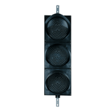 A 12 inch diameter triple lens LED traffic light mounted in a black housing with two steel right angle mounting brackets.