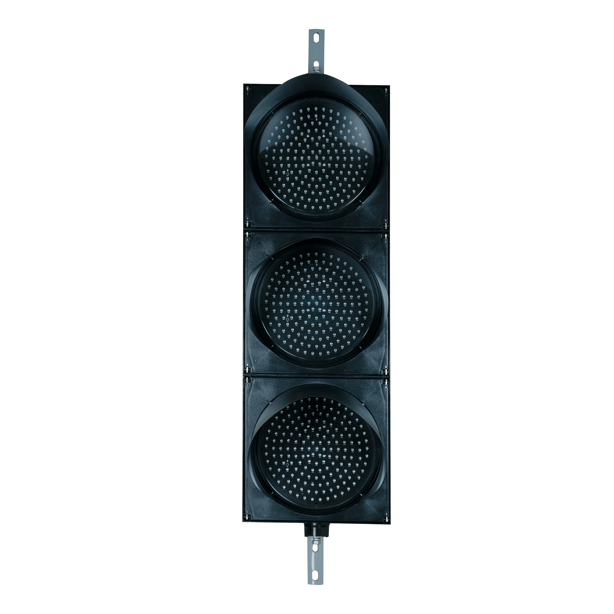 Triple lens 12 inch traffic light with steel mounting brackets on a white background.
