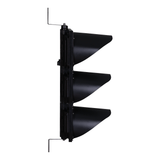 Black 12 inch triple lens traffic light with steel mounting brackets on a white background.