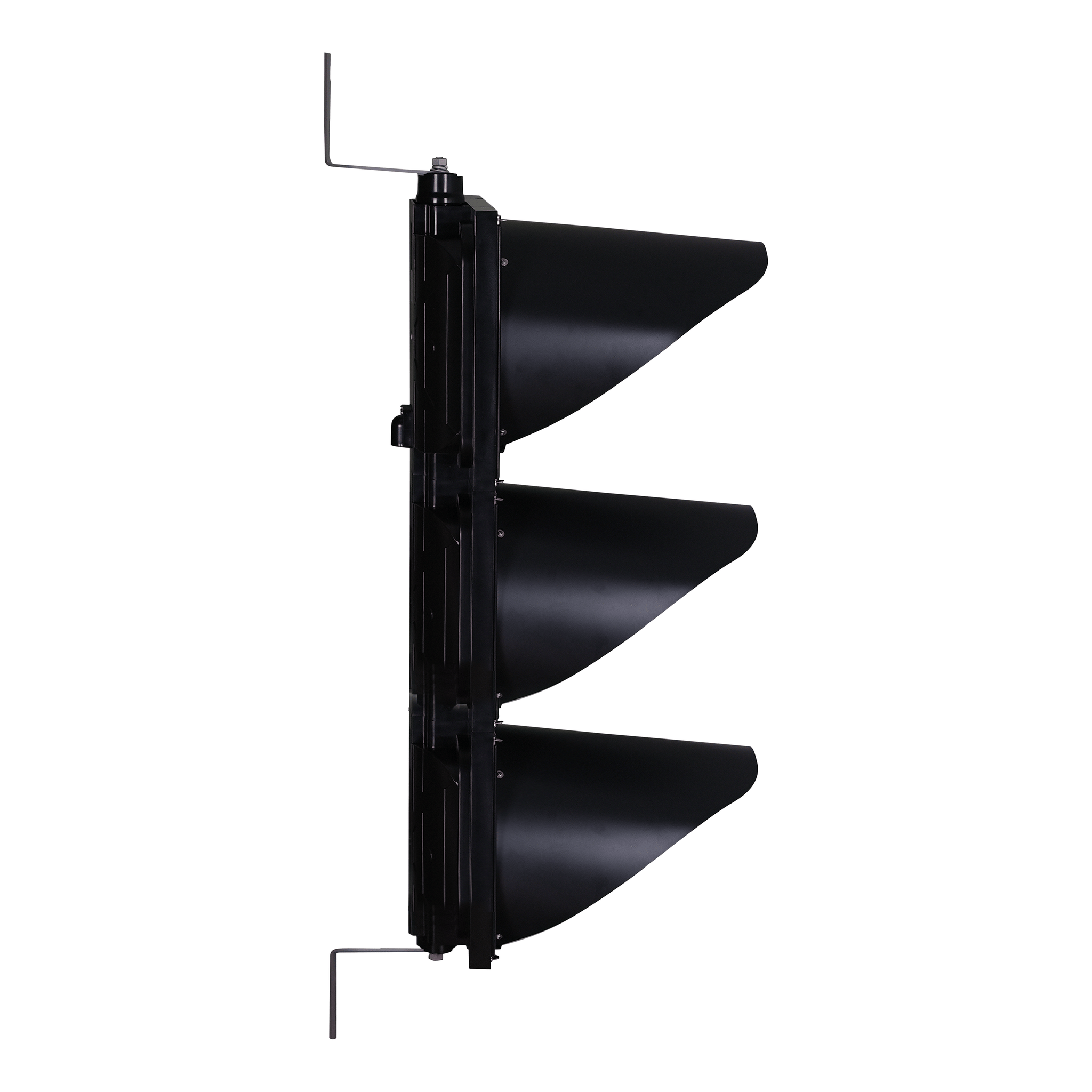 Black 12 inch triple lens traffic light with steel mounting brackets on a white background.