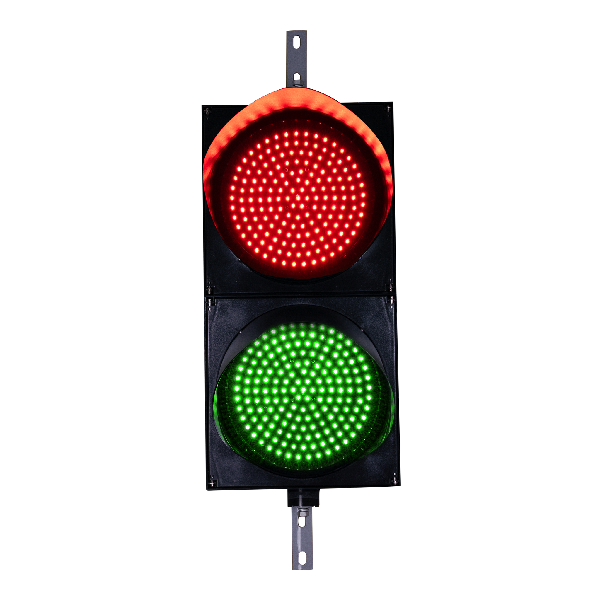 Front profile of red and green 12 inch black traffic light on a white background.