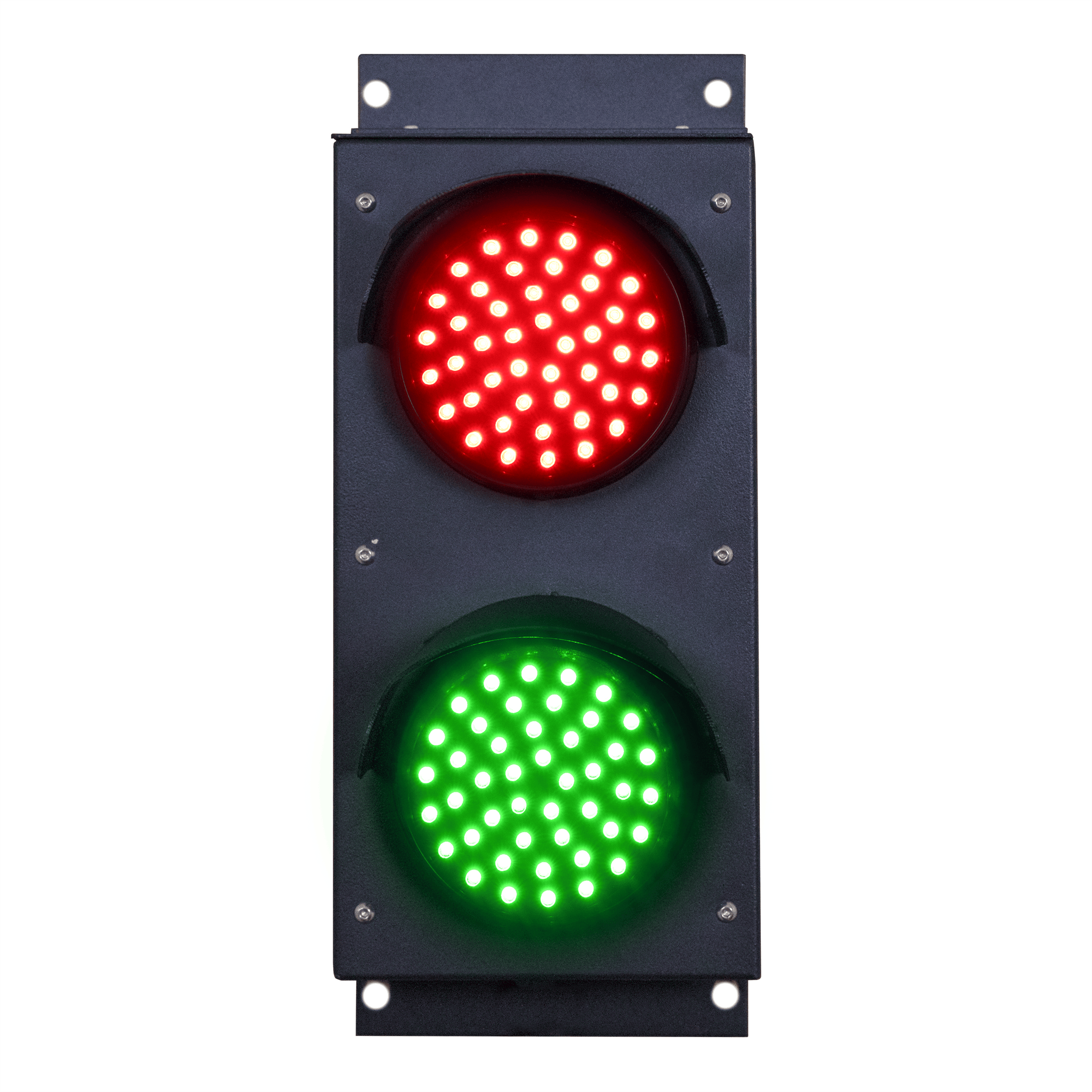 Black four inch red and green traffic light on a white background.