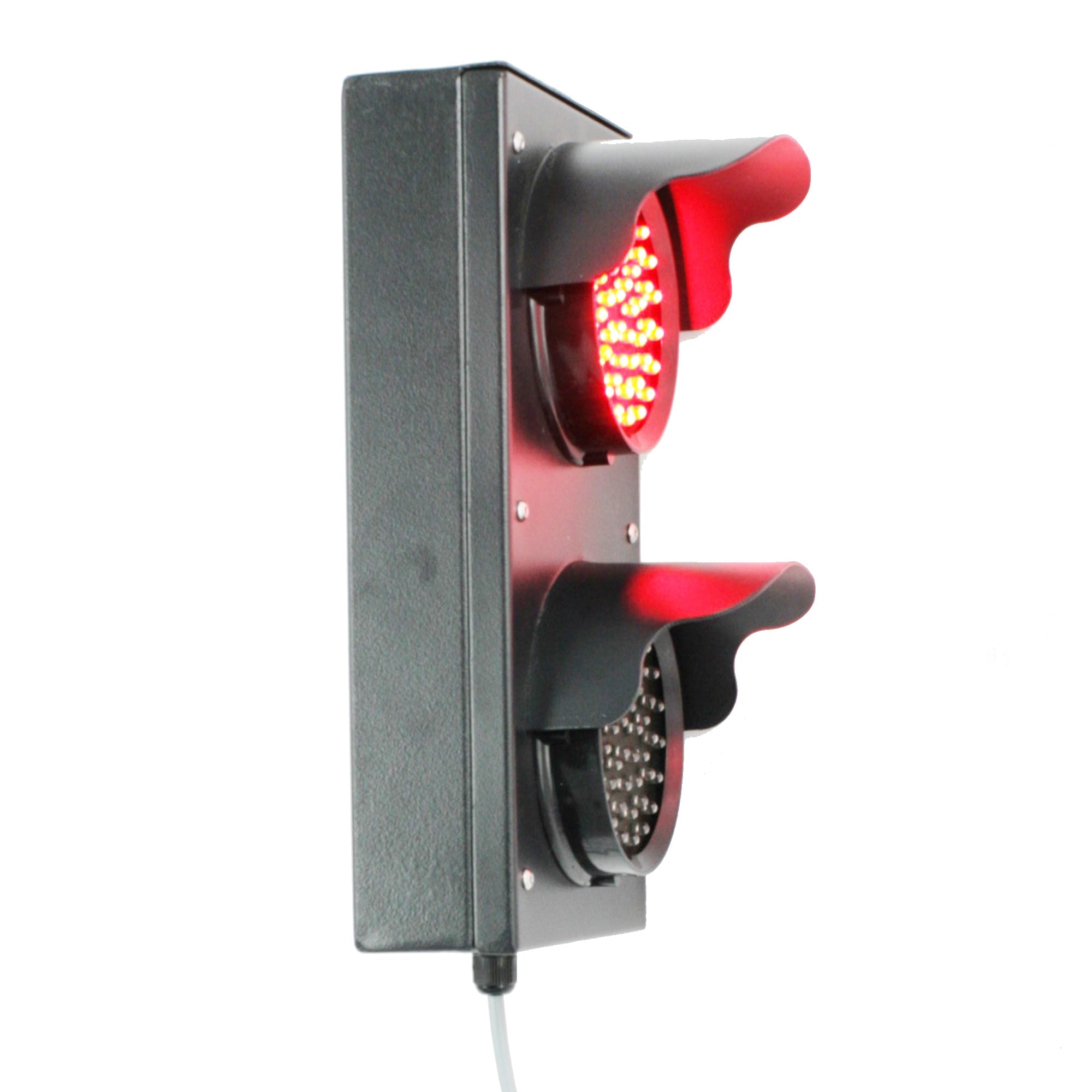 Angled perspective of a black four inch 2-light traffic light with red illuminated LEDs on a white background