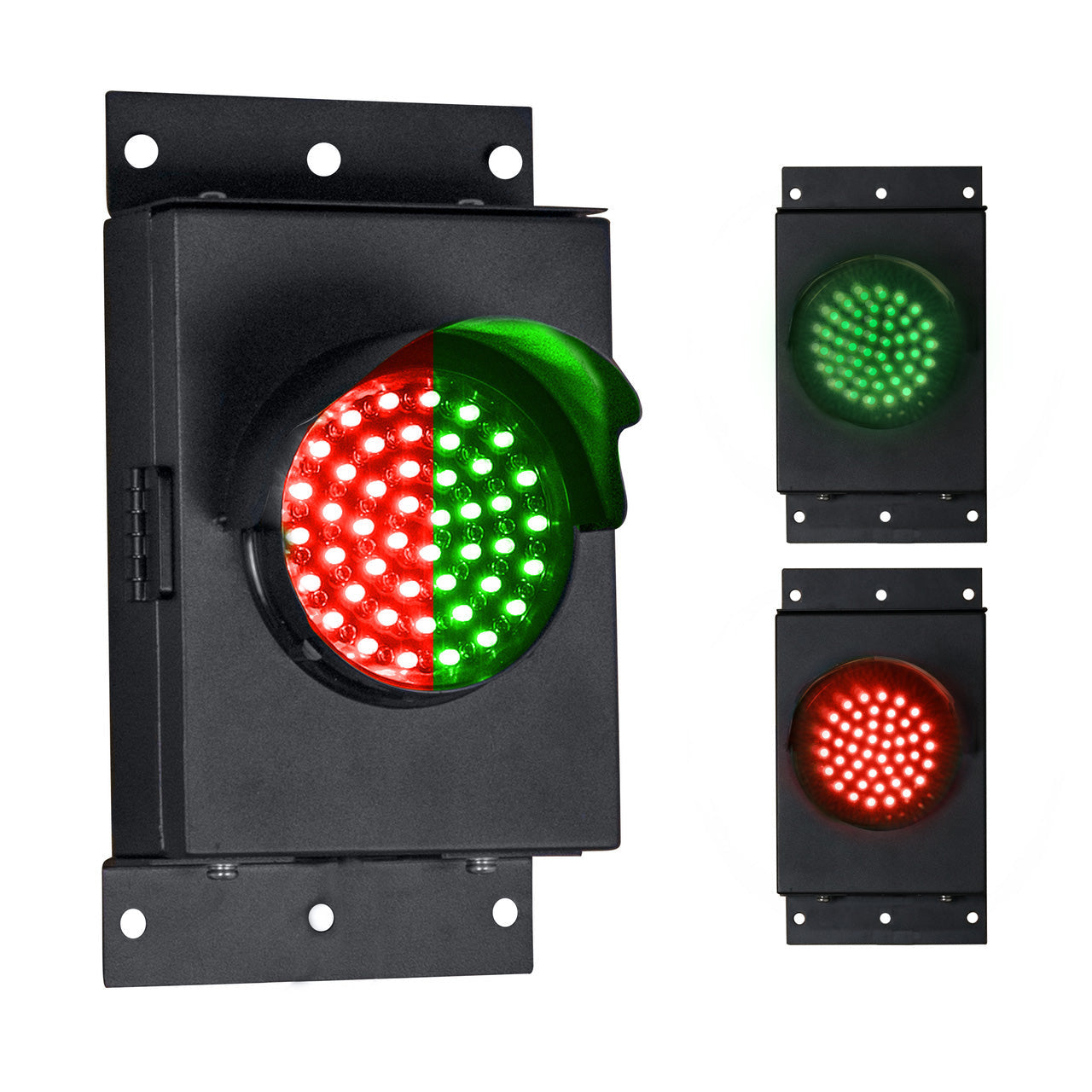 Set of traffic light components including a red and green light, and two smaller red lights on a white background.