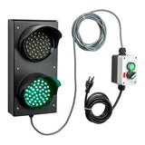 Traffic light system with green LED lights, control box and cables on a white background.