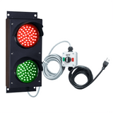 A 4 inch diameter lens LED stop and go loading dock traffic light with a red light on top and green light on the bottom, accompanied by a 10 foot cable and a 3 position switch with an 8 foot power cord.