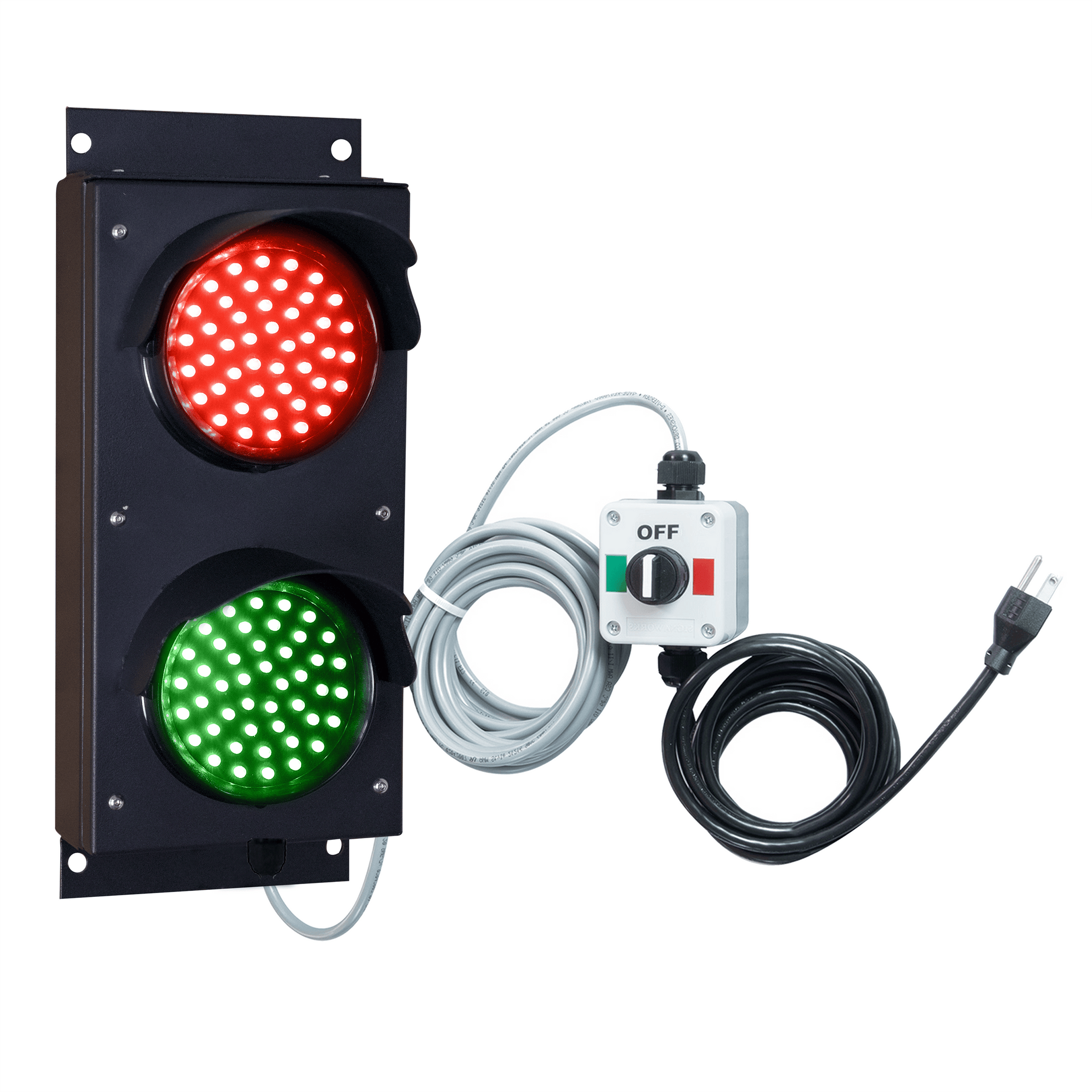 A 4 inch diameter lens LED stop and go loading dock traffic light with a red light on top and green light on the bottom, accompanied by a 10 foot cable and a 3 position switch with an 8 foot power cord.