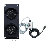A 4 inch diameter lens LED stop and go loading dock traffic light, accompanied by a 10 foot cable and a 3 position switch with an 8 foot power cord.