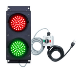 A 4 inch diameter lens LED stop and go loading dock traffic light with a red light on top and green light on the bottom, accompanied by a 10 foot cable and a 3 position switch with an 8 foot power cord.