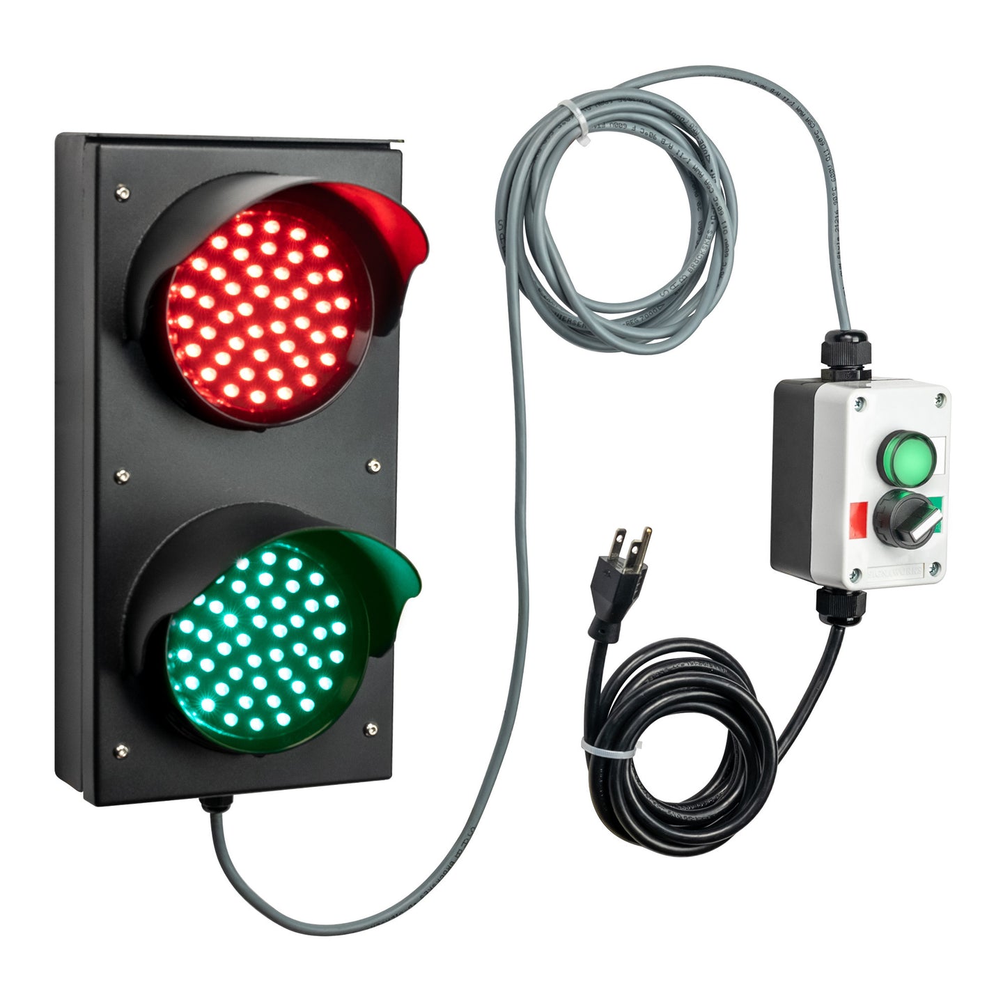 Traffic light system with red and green lights, mirroring pilot light control box and cables on a white background.