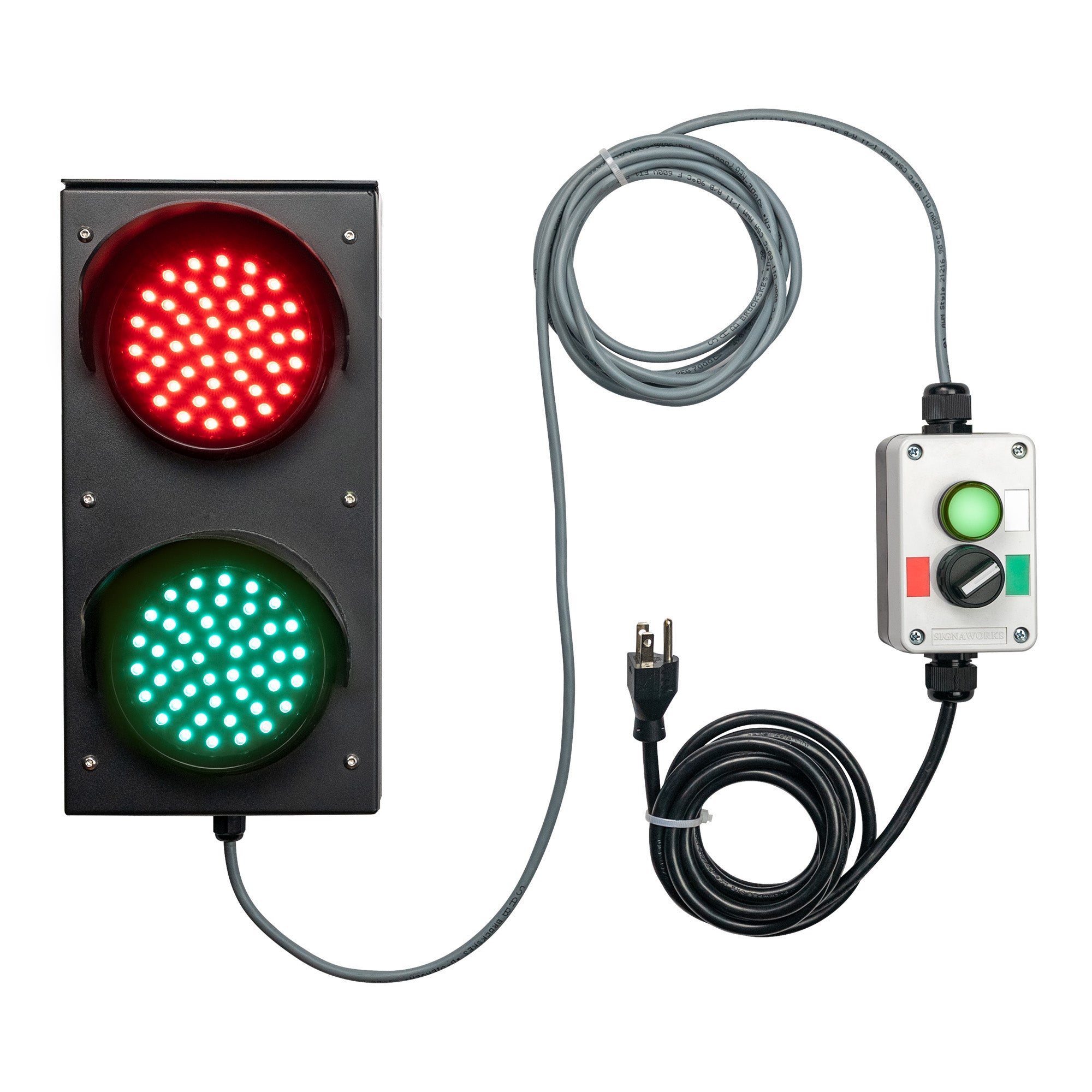 Traffic light system with red and green lights, mirroring pilot light control box and cables on a white background.