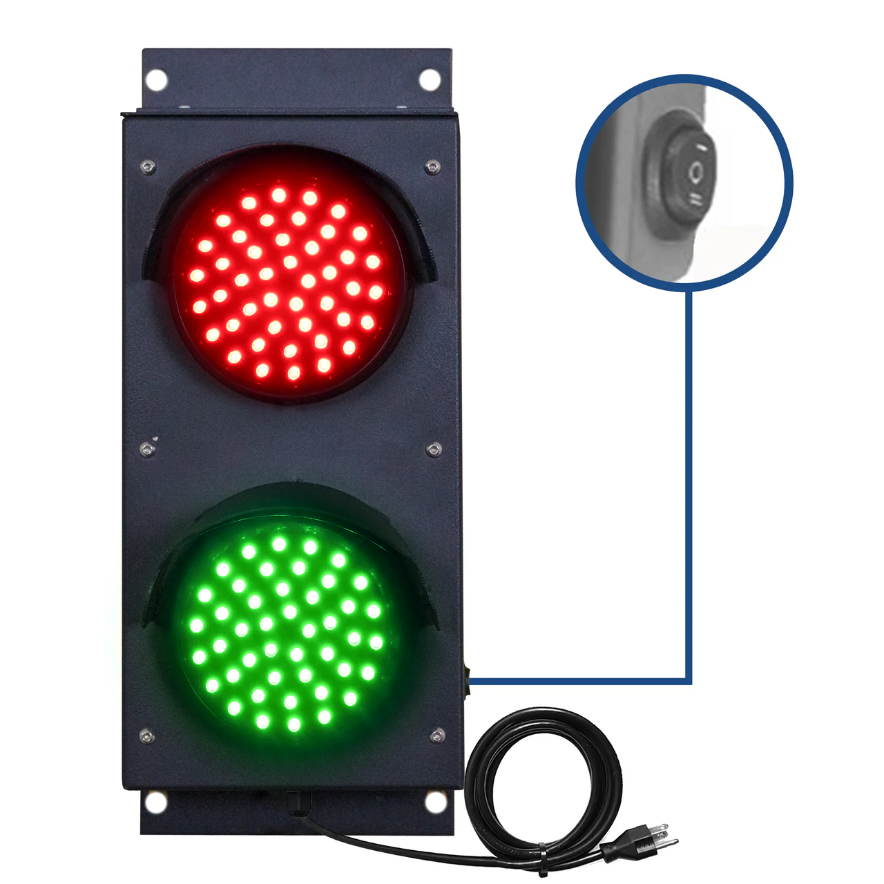 4 inch red and green traffic light with an internal 3-way power switch on a white background.
