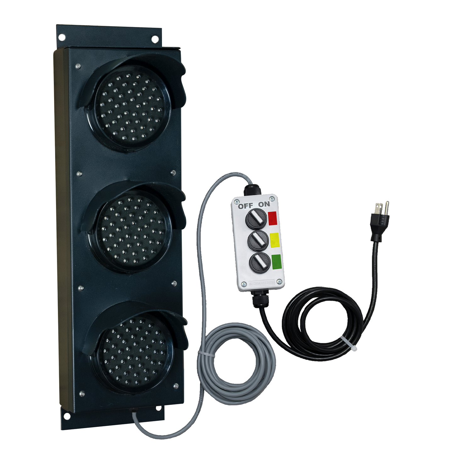 4 inch triple lens LED traffic light with 2-position switch control box and power cable on a white background.