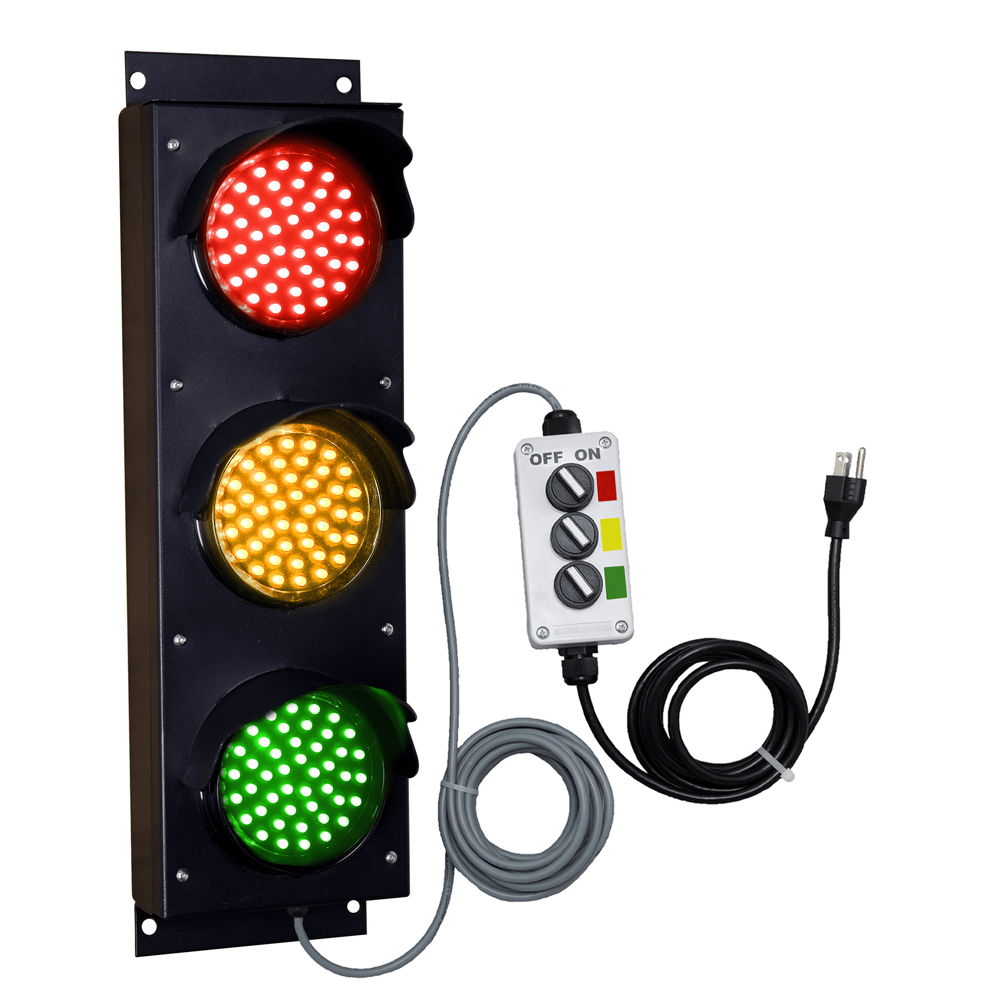 4 inch red, amber and green LED traffic light with 2-position switch control box and power cable on a white background.