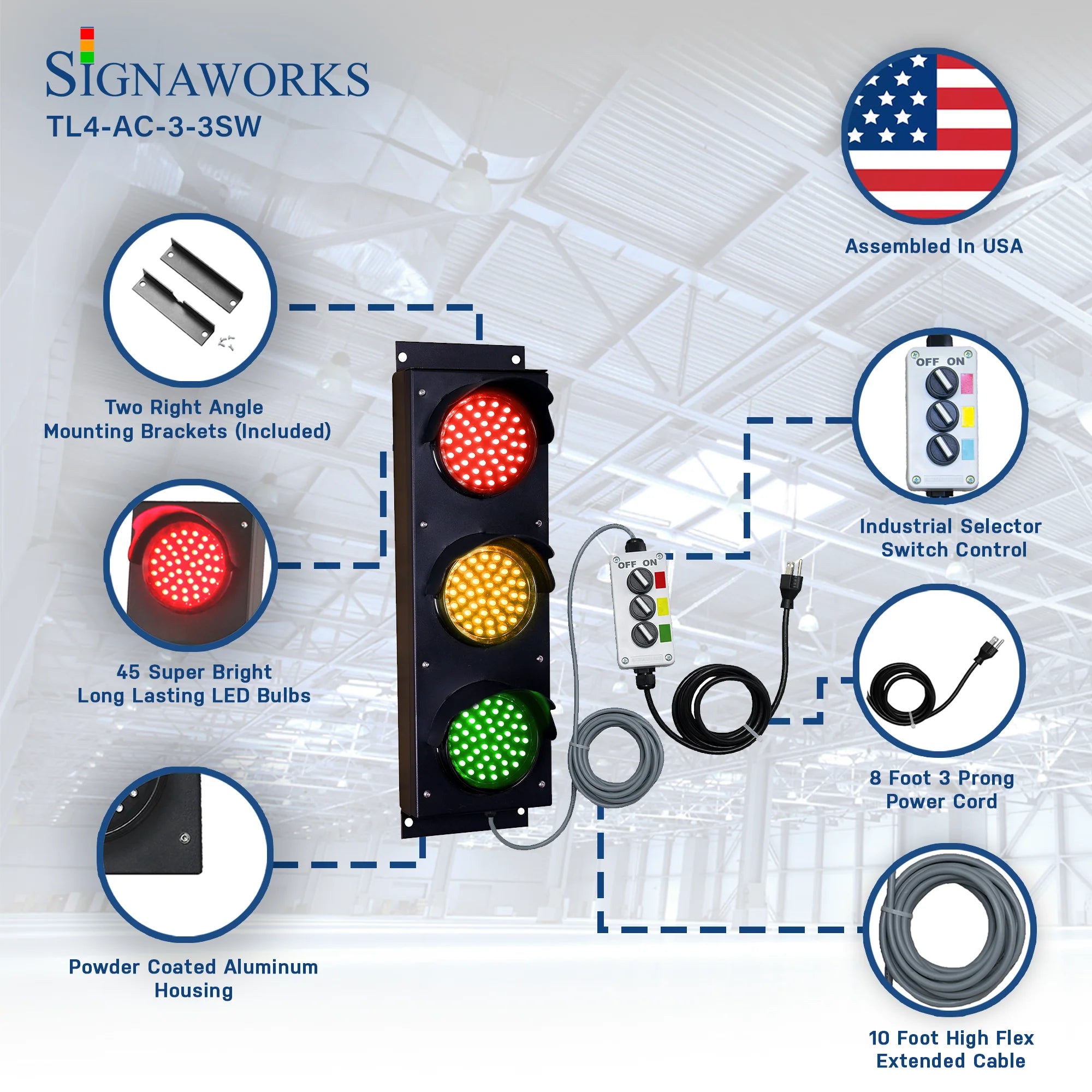 'Signaworks' branded graphic featuring 4 inch traffic light and its mounting brackets, LED lens, 2-position selector switch control box, power cord, housing construction and 10 foot extended cable.