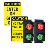 Pair of dual 4 inch traffic lights with 2 signs on a white background.