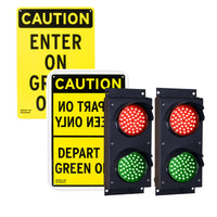 Pair of dual 4 inch traffic lights with 2 signs on a white background.