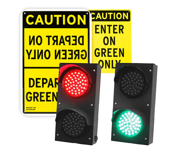 Pair of dual 4 inch traffic lights with 2 signs on a white background.
