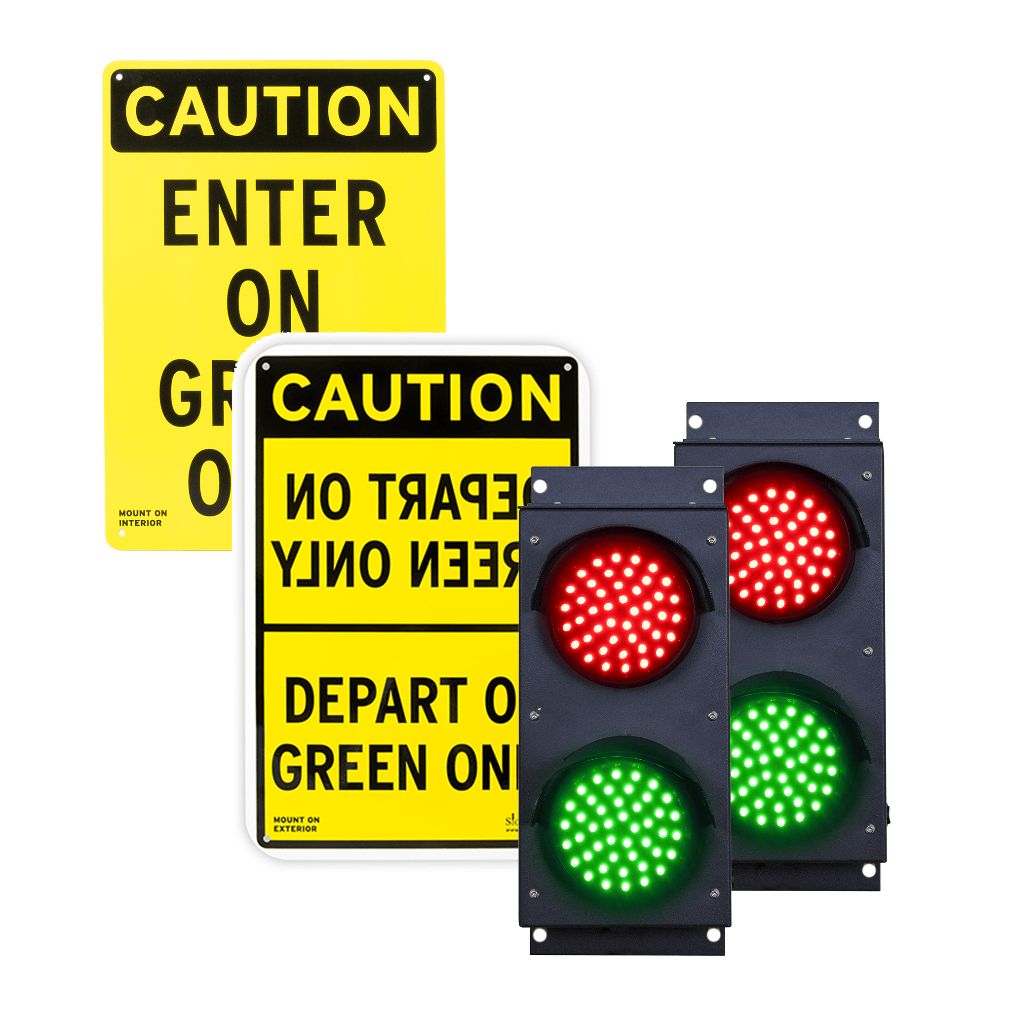 Pair of dual 4 inch traffic lights with 2 signs on a white background.