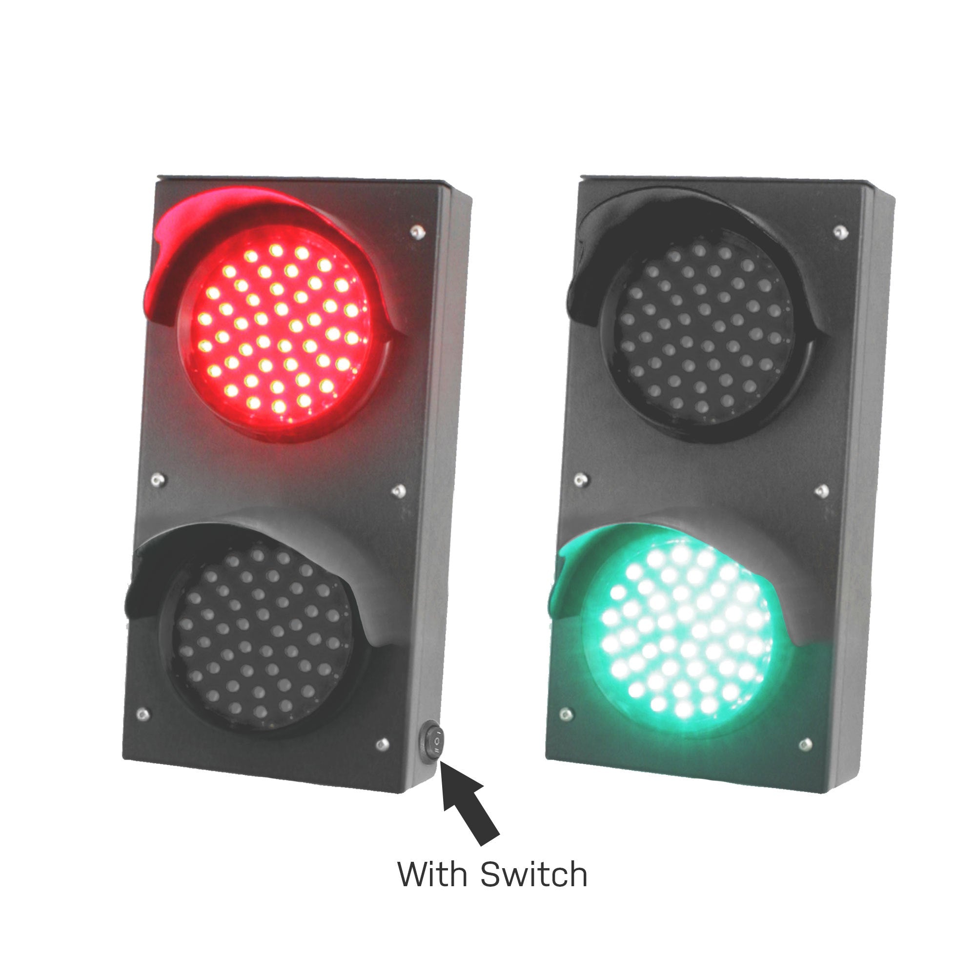 A pair of 4 inch diameter LED traffic lights with red and green lenses, designed for industrial use, shown with an internal control switch.