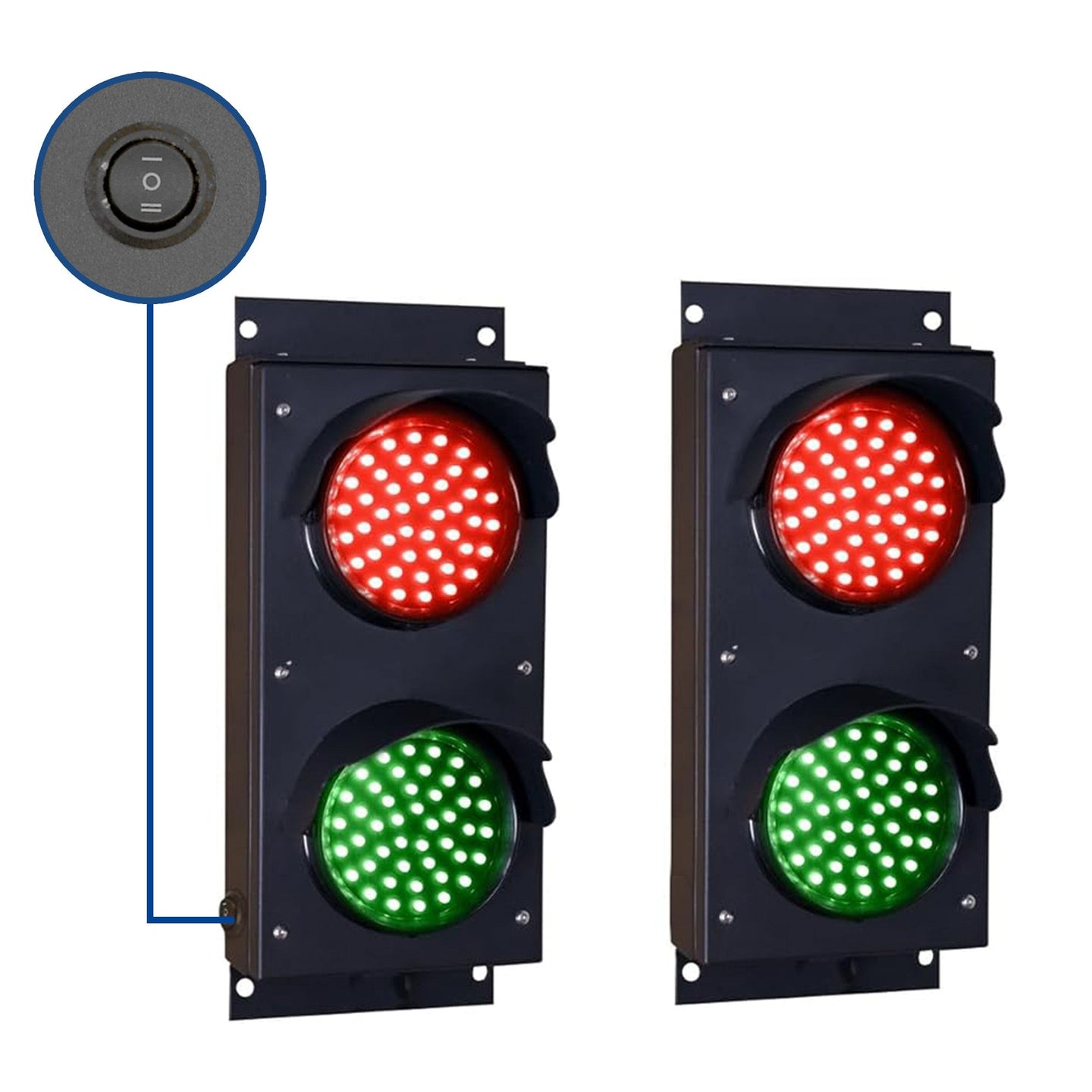 A pair of 4 inch diameter LED traffic lights with red and green lenses, designed for industrial use, shown with an internal control switch.