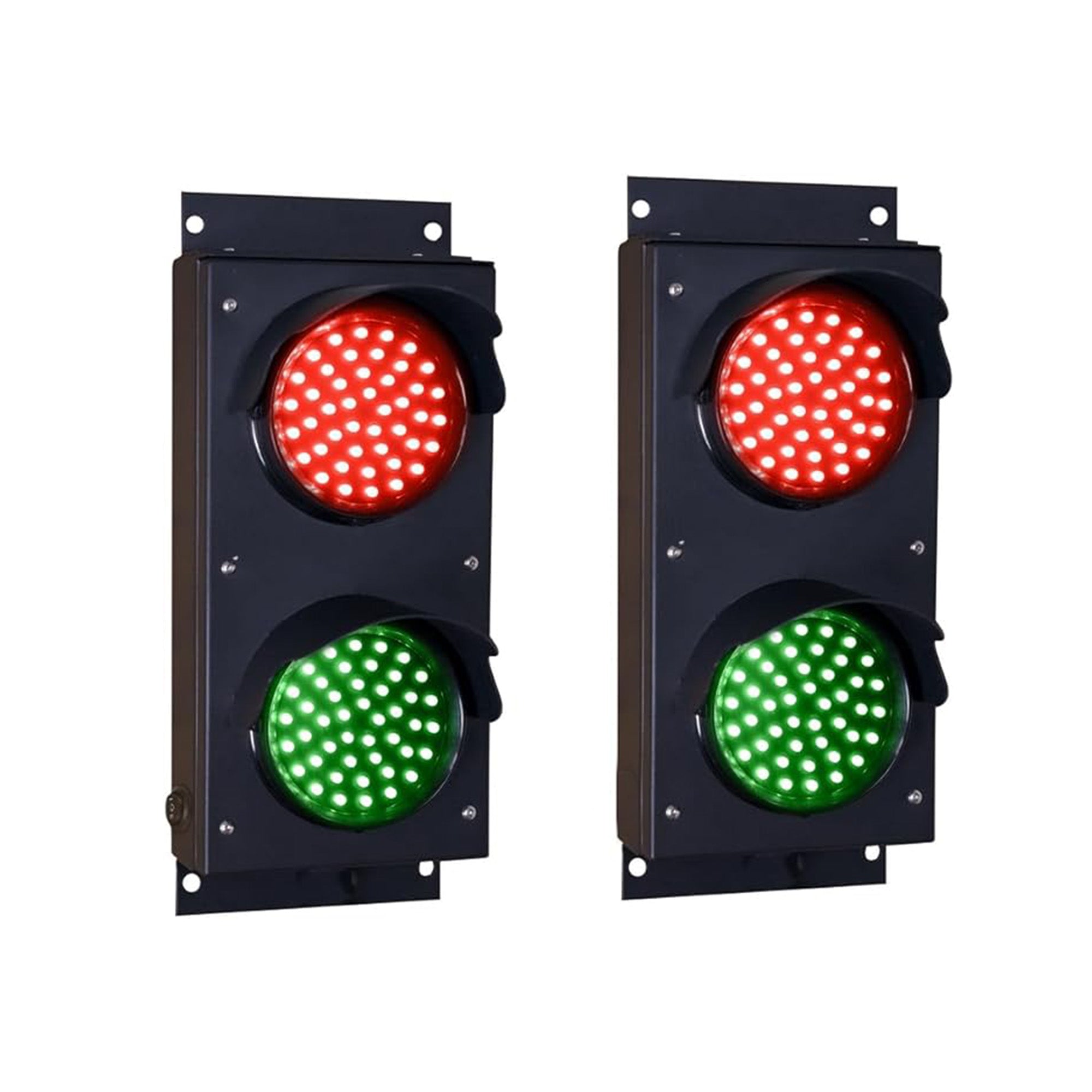 A pair of 4 inch diameter LED traffic lights with red and green lenses, designed for industrial use.