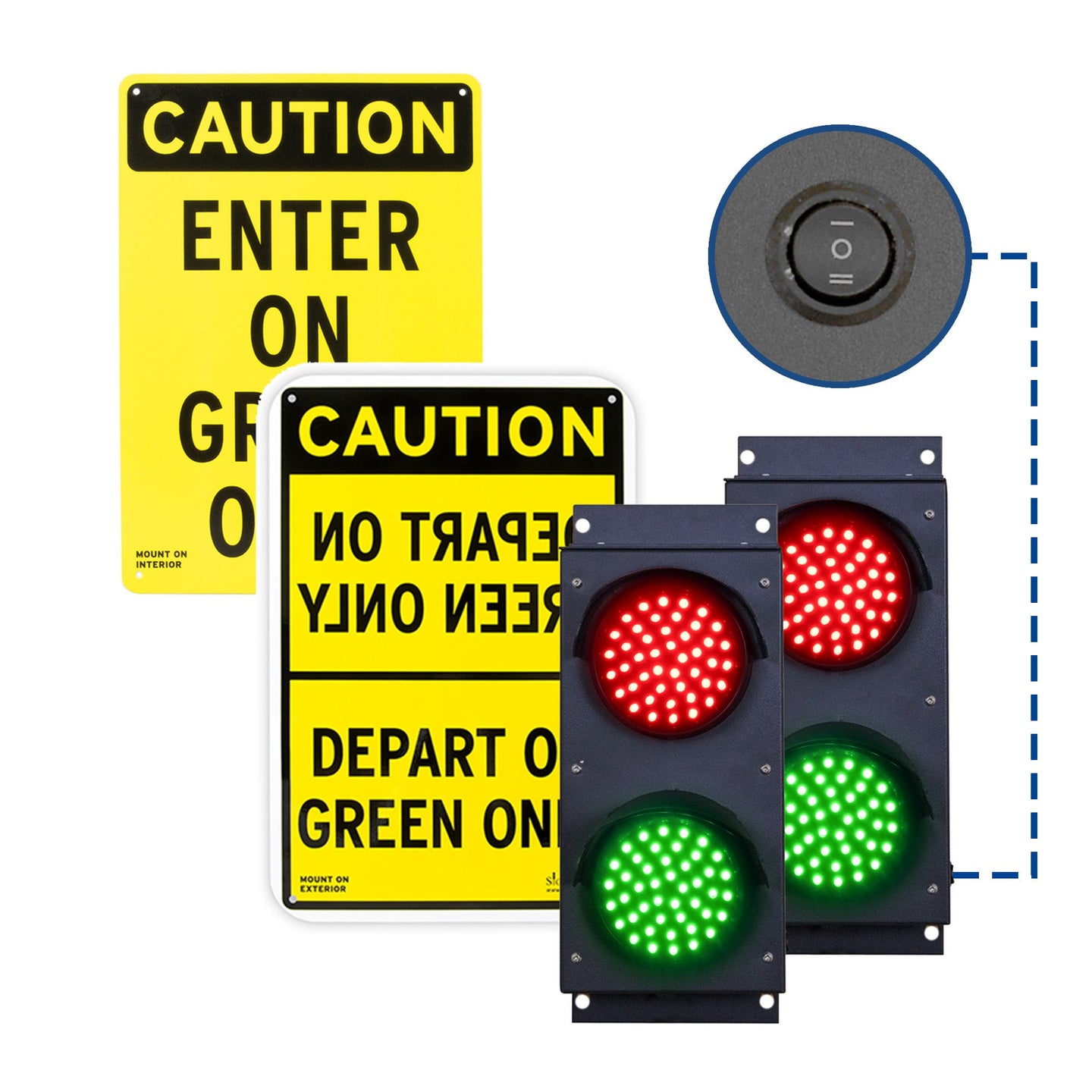 Pair of dual 4 inch traffic lights with 2 signs on a white background.