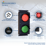 'Signaworks' branded graphic depicting dual 4 inch traffic light brackets, lens quality, wiring terminals and housing construction.