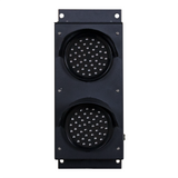 Front perspective of black aluminum traffic light powered off.