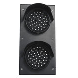 Front perspective of black aluminum traffic light powered off.