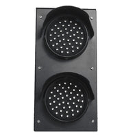 Front perspective of black aluminum traffic light powered off.
