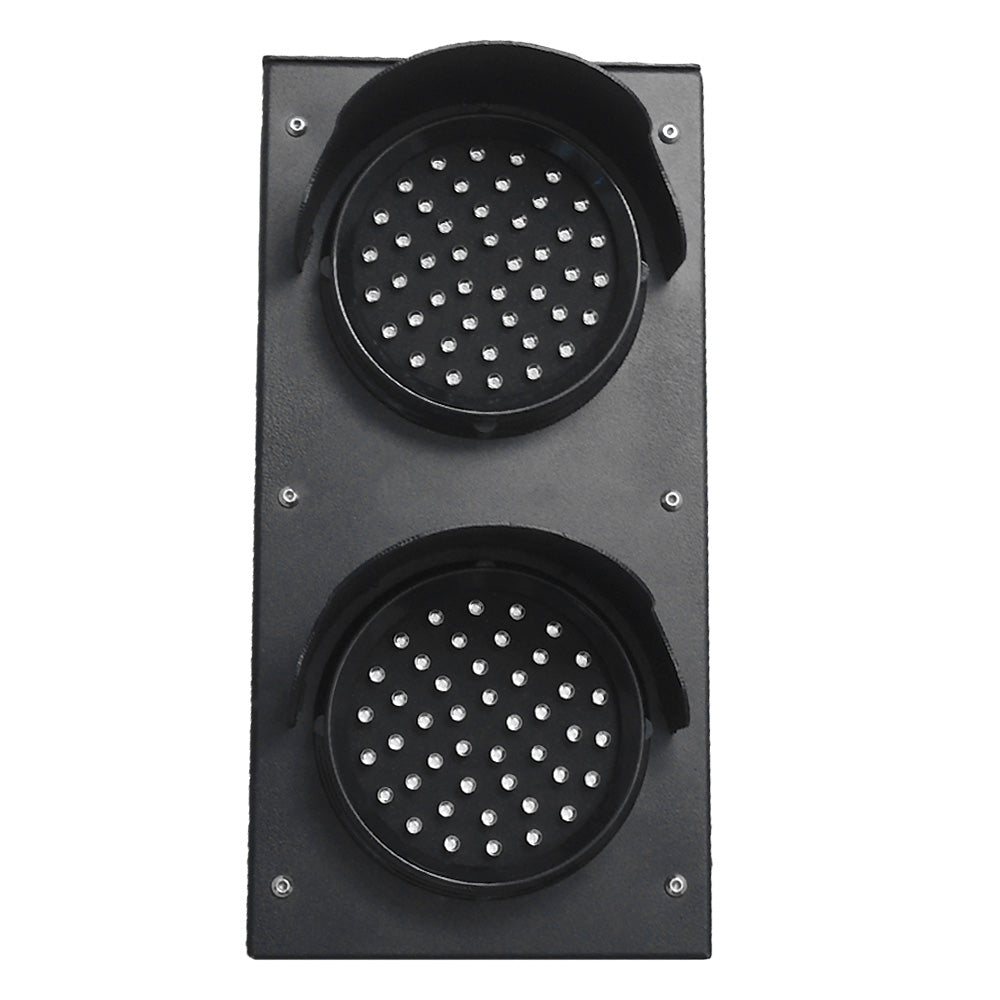 Front perspective of black aluminum traffic light powered off.