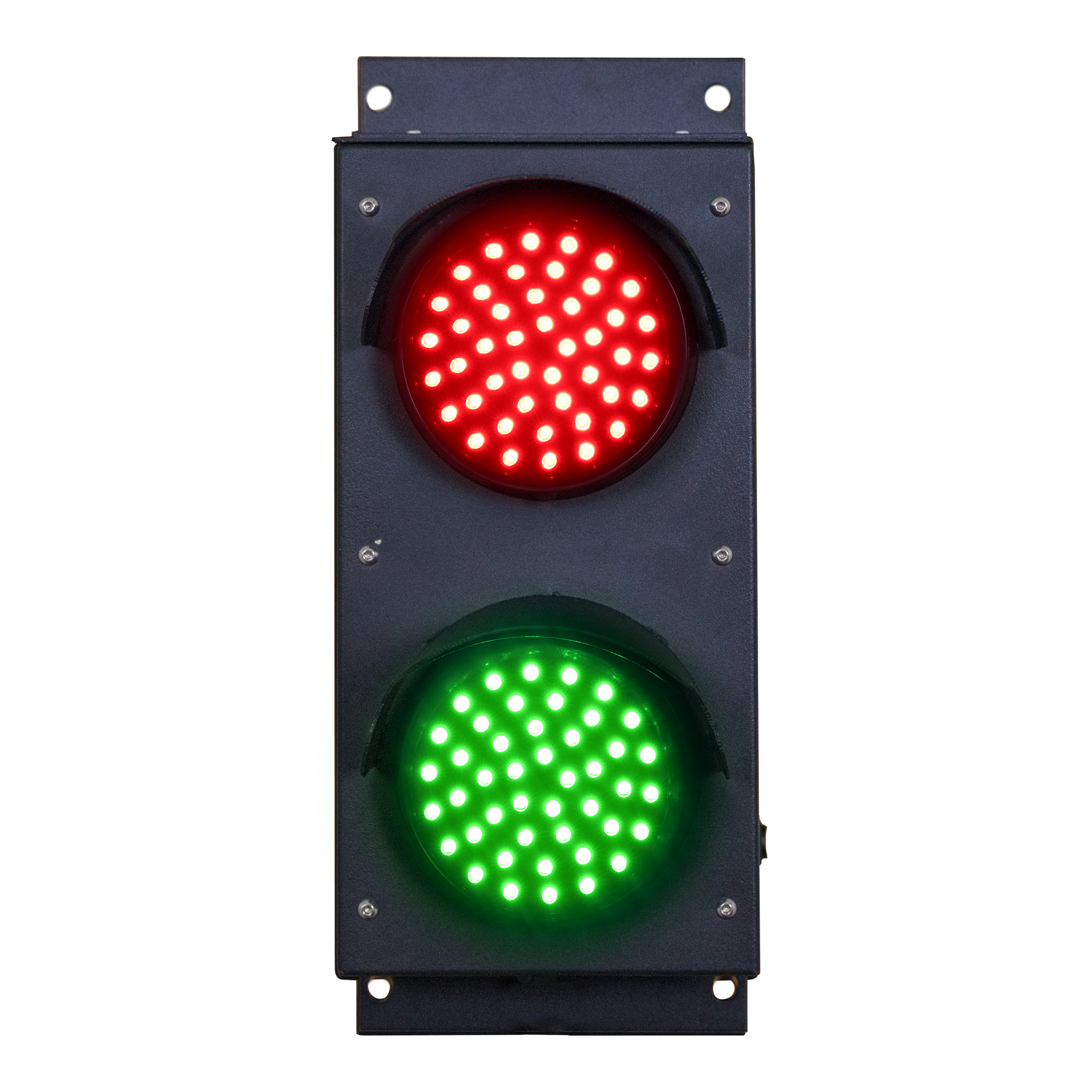 Black traffic light with illuminated Red and green 4 inch lenses on a white background.