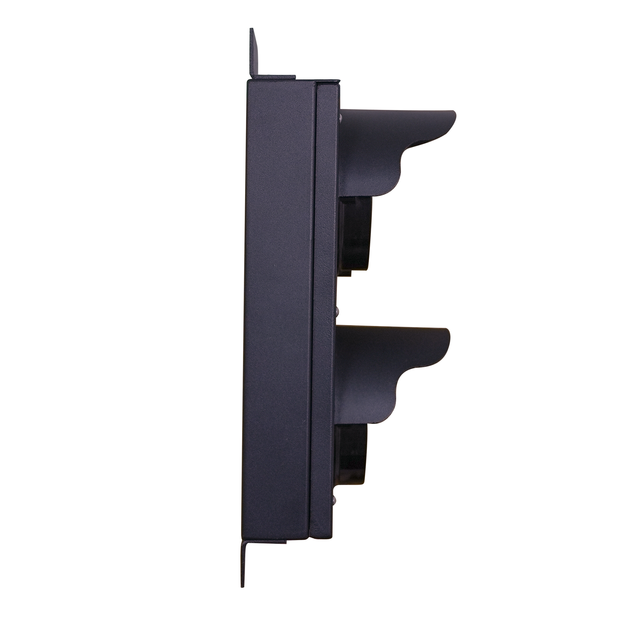 Side perspective of black aluminum traffic light powered off.