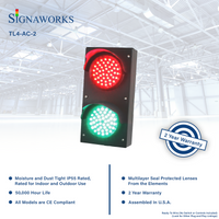 'Signaworks' branded graphic depicting dual 4 inch traffic light, 2-year warranty badge and compliance standards.