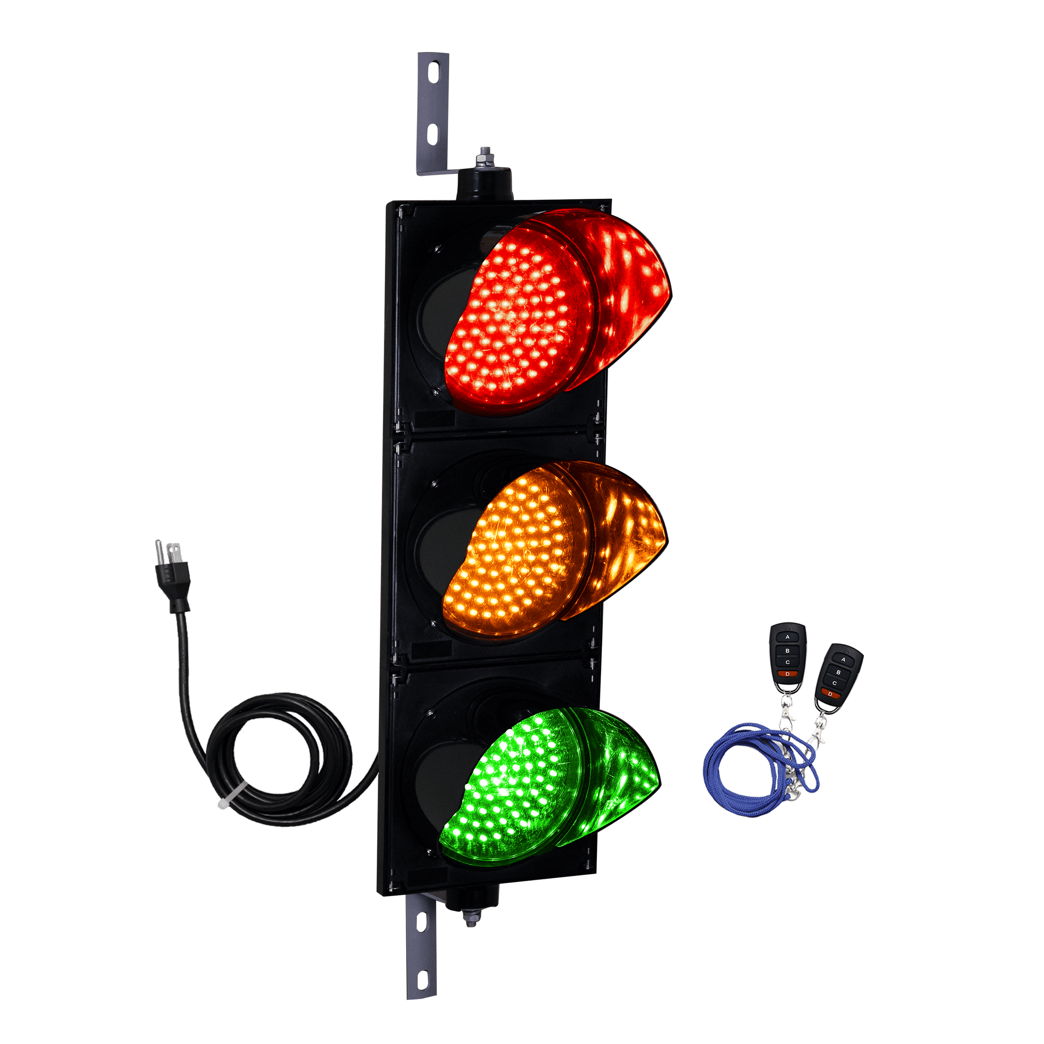 A vertical wireless LED traffic light mounted on a black housing with a mounting bracket on top and bottom and a set of black key fobs.