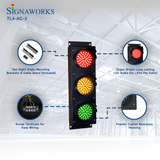 'Signaworks' 4 inch traffic light graphic featuring mounting hardware, LED quality, wiring terminals and housing construction on a white background.