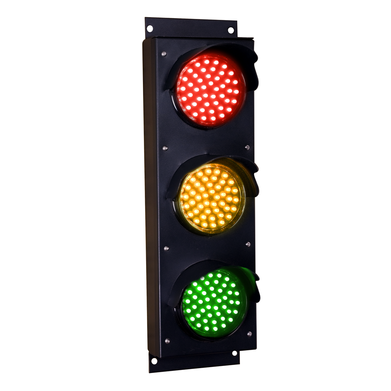 Triple 4 inch red, amber and green LED traffic light on a white background.
