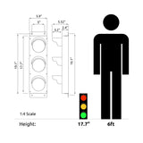 Diagram showing dimensions of a traffic light and a person, with a scale indicating height equivalence.
