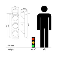Diagram showing dimensions of a traffic light and a person, with a scale indicating height equivalence.