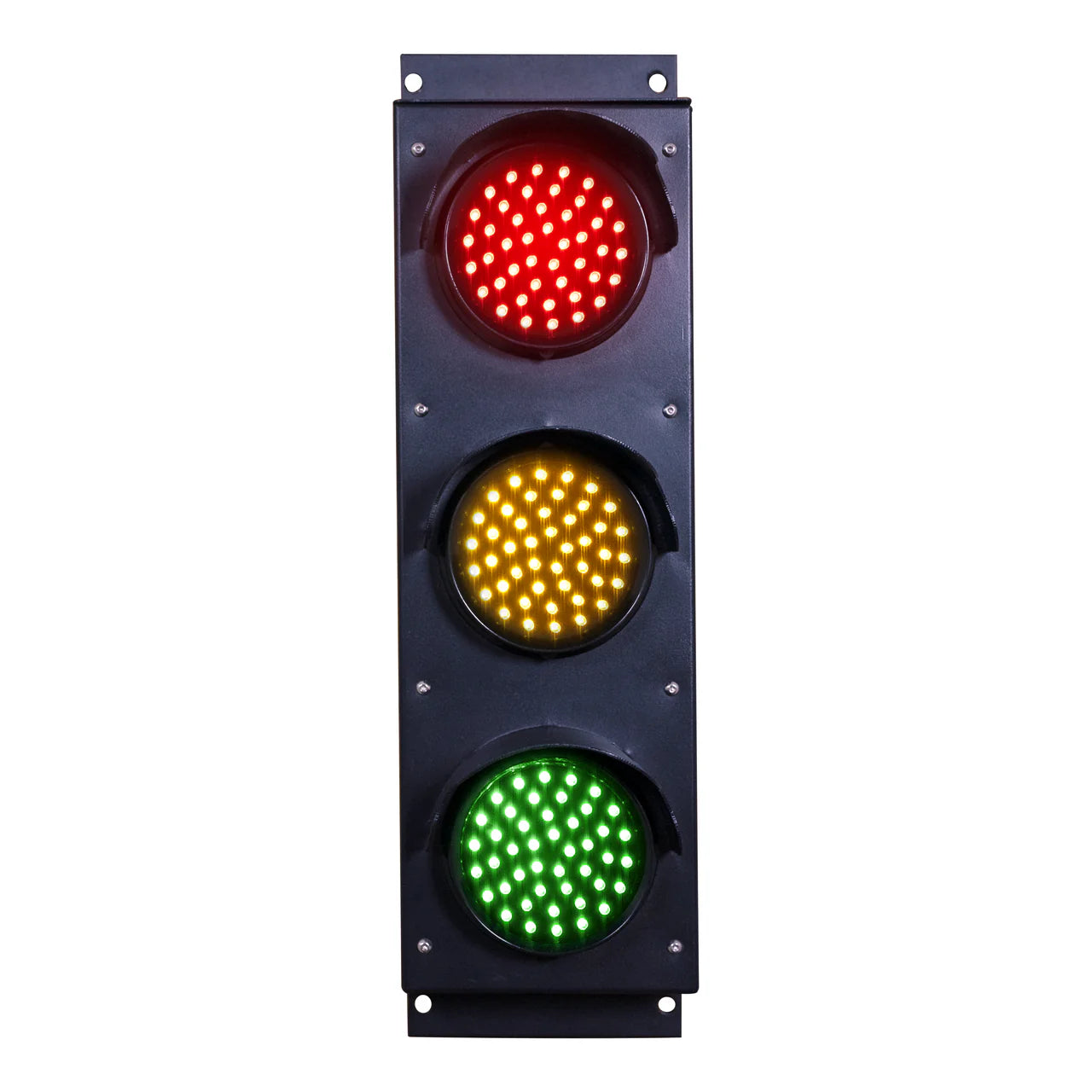 Triple red, amber and green traffic light on a white background.