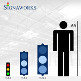 'Signaworks' diagram featuring 3-color traffic light relative to 6 foot tall human.