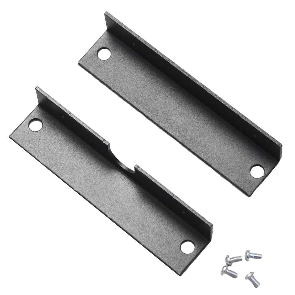 Black metal bracket and four silver colored screws on a white background.