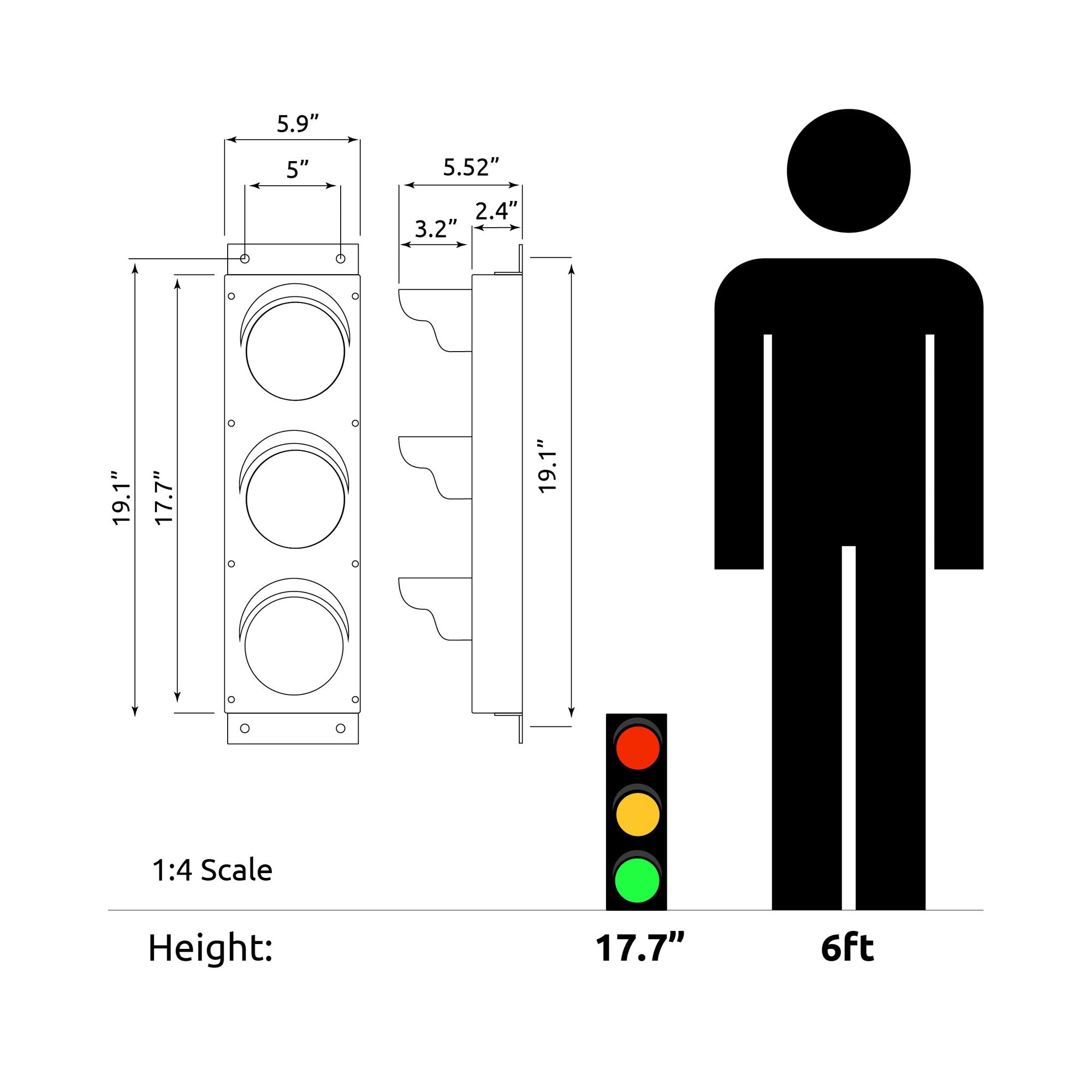 Diagram showing dimensions of a traffic light and a person, with a scale indicating height equivalence.